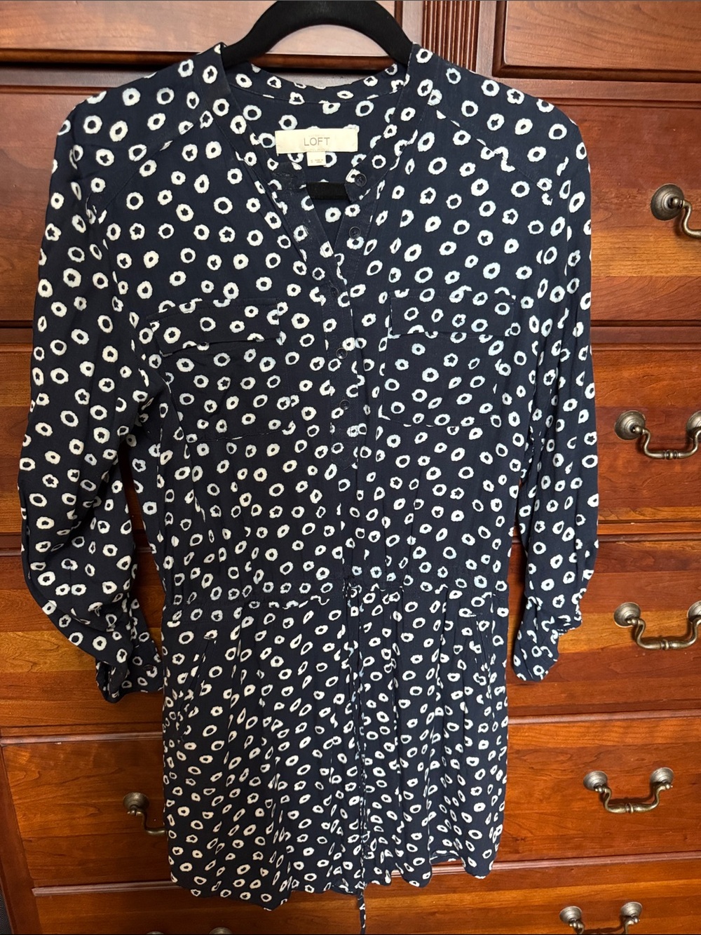 LOFT Navy Dot Print Button-Front Dress